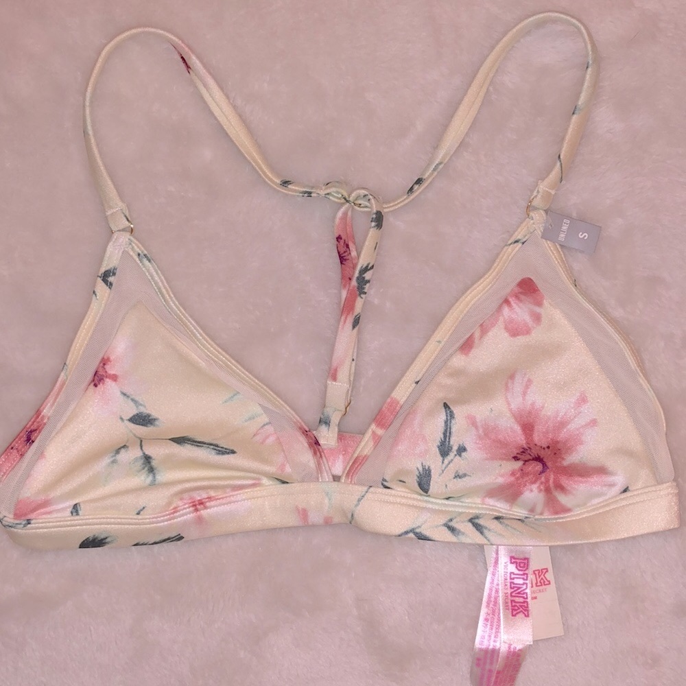 NWT Victoria’s Secret PINK Unlined White Satin Flower Racer Halter Bra - Sz S